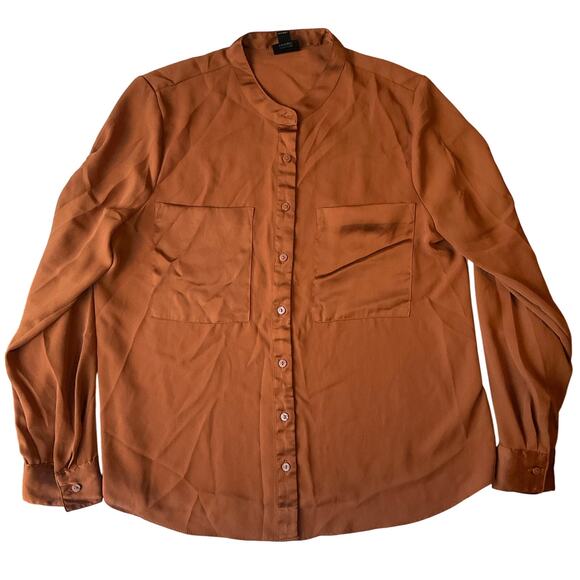 Worthington Women Shirt size M Button Down Long Sleeve Silky Soft V-neck Brown - Picture 1 of 9